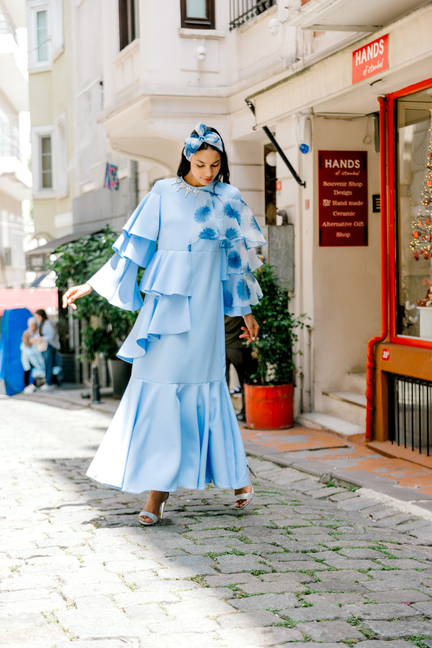 Angel Organze Detaylı Mavi Abiye Elbise